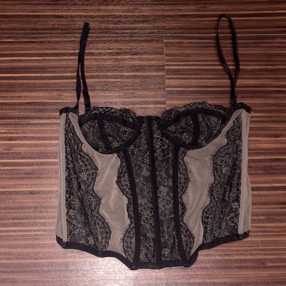 Urban Outfitters Black Lace Bustier with Nude Mesh Panels